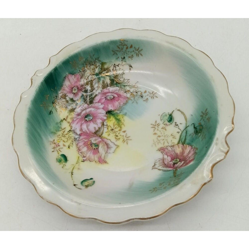 Vtg Lefton Porcelain Pink Floral Trinket Dish Decorative Bowl Scalloped Rim 7"
